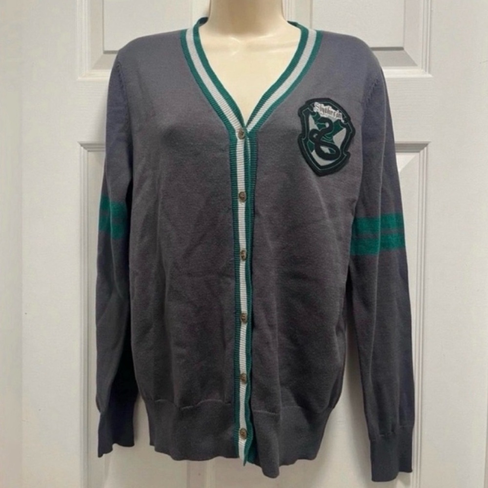 Harry Potter Slytherin Gray Cardigan Green/White Trim Button Up - Small - EUC